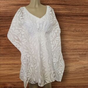 Anne Fontaine | White Lace Dress Batwing Cinched Waist Quiet Luxury
